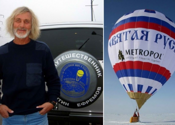 Ρώσος ταξιδευτής και μοναχοί με αερόστατο πάνω από το Άγιον Όρος