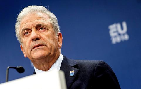 epa05125370 Greek EU commissioner Dimitris Avramopoulos of Migration, Home Affairs and Citizenship speaks during a closing press conference following the Informal Justice and Home Affairs  Council at the Scheepsvaartmuseum (Maritime Museum) in Amsterdam, The Netherlands, 25 January 2016.  EPA/KOEN VAN WEEL