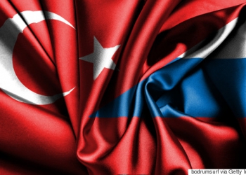 Turkish - Russian flag together on silk.