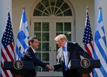 President Donald Trump and Greek Prime Minister Alexis Tsipras shake hands during their joint news conference in the Rose Garden of the White House in Washington, Tuesday, Oct. 17, 2017. (AP Photo/Pablo Martinez Monsivais)