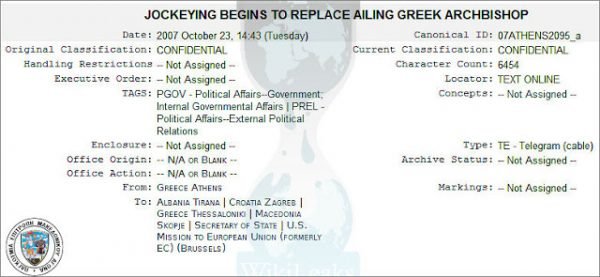Wikileaks- Αποκάλυψη: Πως ο Χριστόδουλος γλίτωσε την Ελλάδα από συμφωνία τύπου... Πρεσπών!