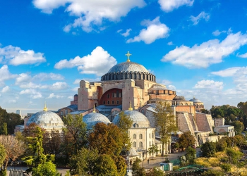 Panoramic aerial view of Hagia Sophia in Istanbul, Turkey in a beautiful summer day