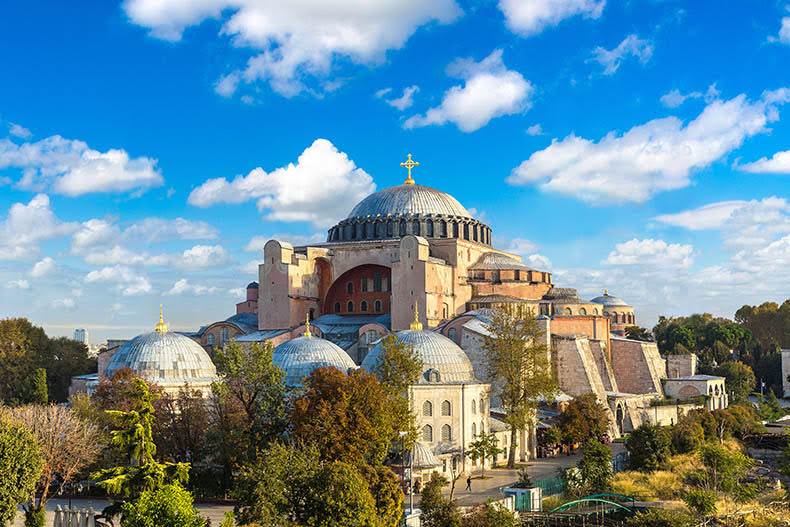 Panoramic aerial view of Hagia Sophia in Istanbul, Turkey in a beautiful summer day