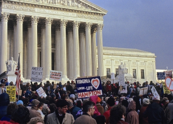 Washington, DC. 1-22-1991 The annual March for Life protest in front of the US Supreme Court. The March for Life is an annual pro-life rally protesting abortion, held in Washington, D.C., on or around the anniversary of the United States Supreme Court's decision legalizing abortion in the case Roe v. Wade. The march is organized by the March for Life Education and Defense Fund. The overall goal of the march is to overturn the Roe v. Wade decision.The 38th annual March for Life occurred on Monday (Photo by Mark Reinstein/Corbis via Getty Images)
