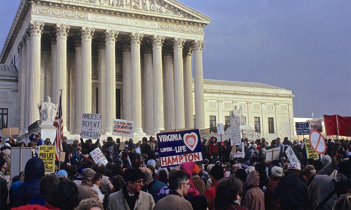 Washington, DC. 1-22-1991 The annual March for Life protest in front of the US Supreme Court. The March for Life is an annual pro-life rally protesting abortion, held in Washington, D.C., on or around the anniversary of the United States Supreme Court's decision legalizing abortion in the case Roe v. Wade. The march is organized by the March for Life Education and Defense Fund. The overall goal of the march is to overturn the Roe v. Wade decision.The 38th annual March for Life occurred on Monday (Photo by Mark Reinstein/Corbis via Getty Images)