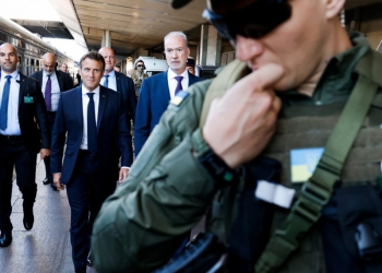 French President Emmanuel Macron arrives at the train station, in Kyiv, Ukraine, June 16, 2022. Ludovic Marin/Pool via REUTERS