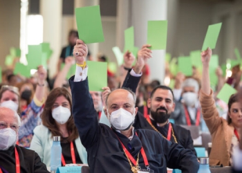 5 September 2022, Karlsruhe, Germany: Assembly delegates raise green cards into the air in affirmation as new WCC presidents are elected at the 11th Assembly of the World Council of Churches, held in Karlsruhe, Germany from 31 August to 8 September, under the theme "Christ's Love Moves the World to Reconciliation and Unity."