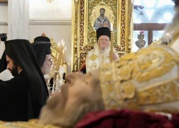 The leader of the world's Orthodox Christians Patriarch Bartholomew presides over the funeral ceremony of the late Head of Cyprus' Orthodox Church, Archbishop Chrysostomos II, at Saint Barnabas Cathedral, in Nicosia, Cyprus, Saturday, Nov. 12, 2022. The outspoken Chrysostomos whose forays into the country's complex politics and finances fired up supporters and detractors alike, died Monday at the age of 81. (AP Photo/Petros Karadjias)
