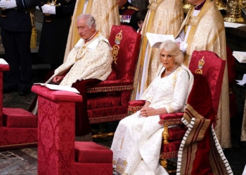 King Charles III and Queen Camilla during their coronation ceremony in Westminster Abbey, London. Picture date: Saturday May 6, 2023.   Yui Mok/Pool via REUTERS