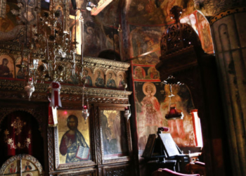 The interior of the church of the Nunnery of Saint Barbara Roussanou is seen at Meteora in northern central Greece, on Tuesday May 14, 2013. Meteora, a UNESCO World Heritage site, is best known for its cliff top monasteries, some more than 500 years old.  Greece is hoping for a busy tourist season with foreign visitors in 2013,  but hotel associations at destinations like Meteora, which are favored by the domestic market, have reported weak bookings from Greek people so far this year as the country continues to suffer through financial crisis.  (AP Photo/Dimitri Messinis)